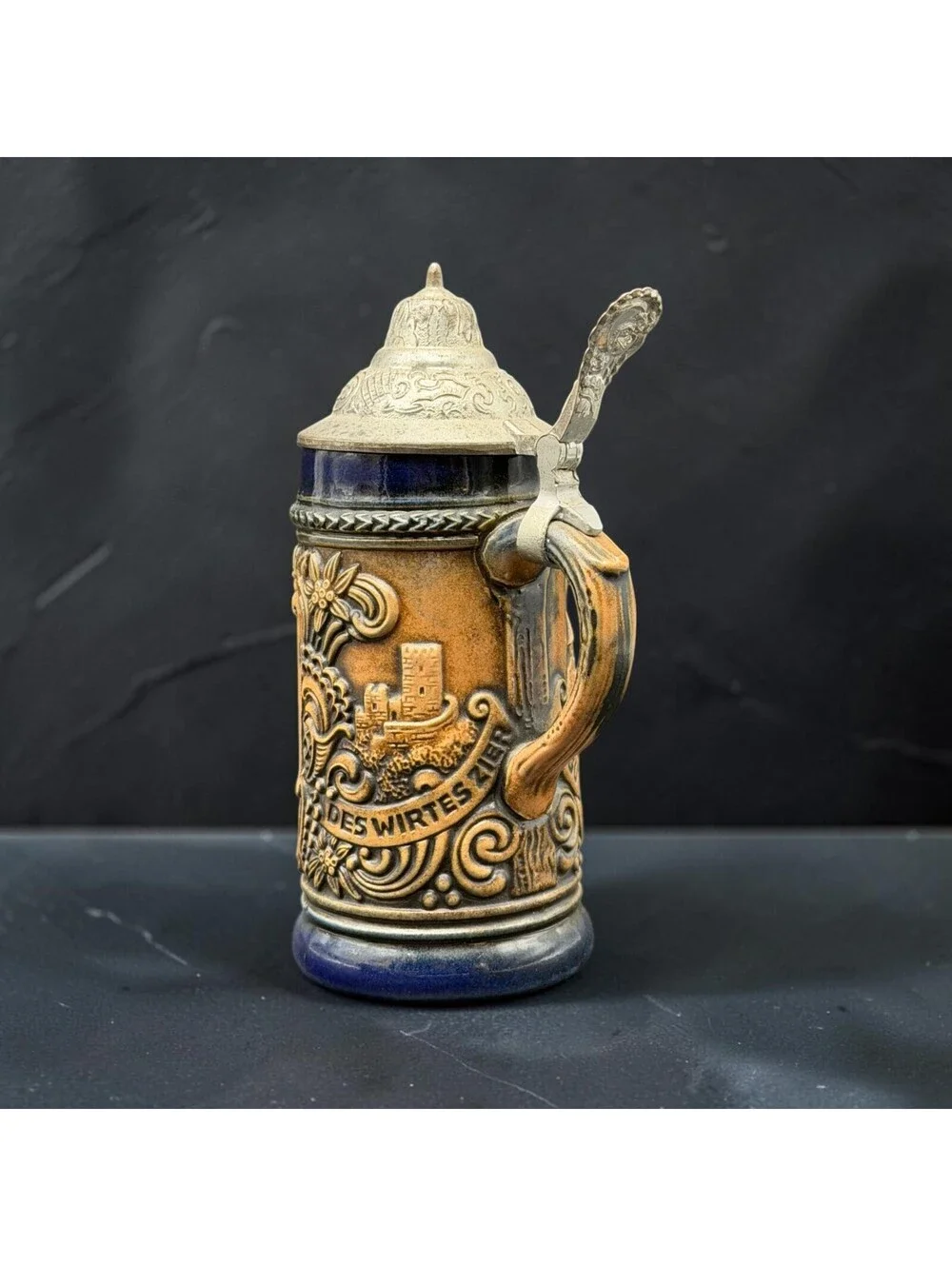 Vintage Gerz West Germany Beer Stein Metal Lid Cobalt Blue Relief Tankard 7